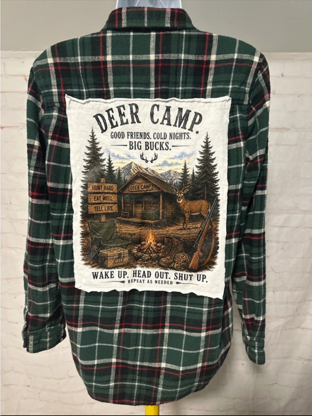 Upcycled Deer Camp Good Friends Cold Nights Big Bucks Tee Flannel M